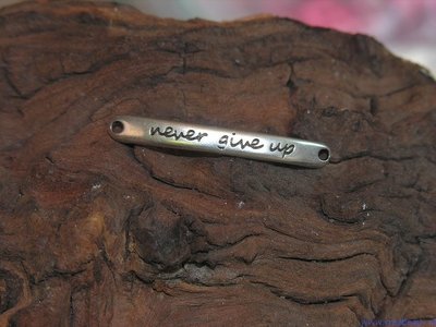 Never give up”, antiek zilver, 43x5mm”