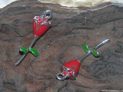 Roosje, 38x12mm, zilverkleur-rood